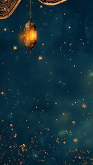 Naklejka premium Golden Ramadan Crescent Moon and Lanterns