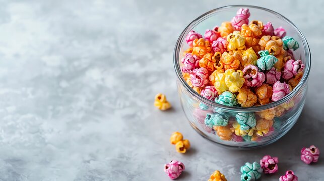 A glass bowl of colorful popcorn on a gray background. - Powered by Adobe