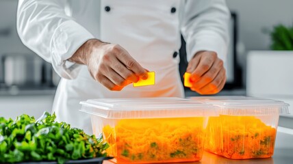 A chef carefully labeling food containers with glowing tags to indicate allergen-free and high-risk foods.