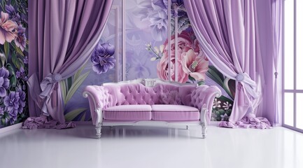 Lavender Room Interior Featuring Ornate Sofa and Floral Wall Decor