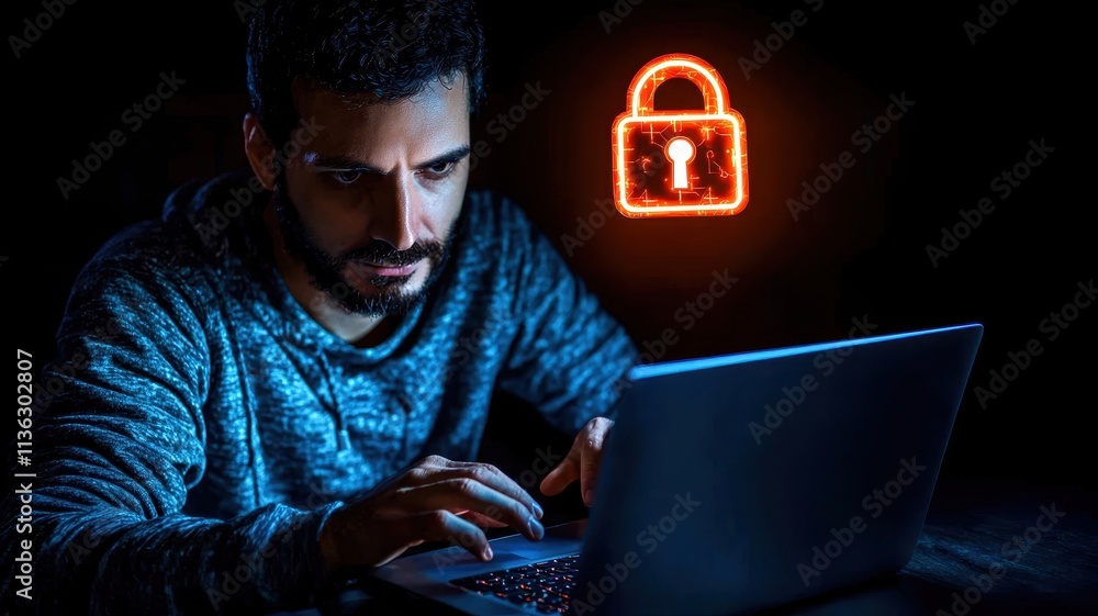Poster a dark room with a hacker holding a laptop, a glowing lock icon floating above as a symbol of target