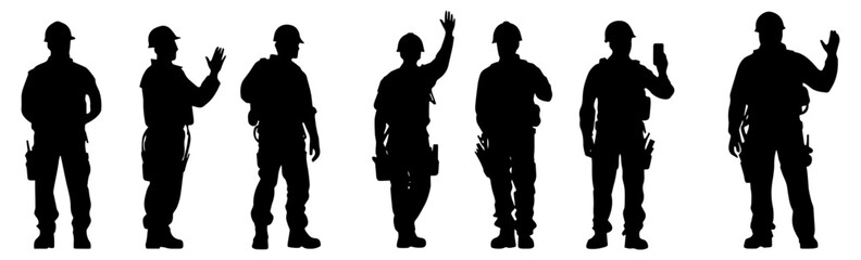 Silhouette of Construction Workers with Tools and Gestures