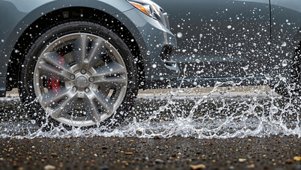 Car tire splashing through water on wet pavement creating droplets