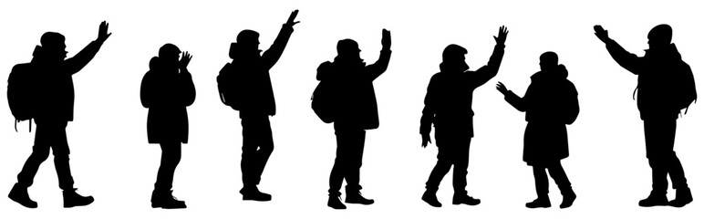 Silhouettes of Backpackers Interacting and Exploring in Outdoor Settings
