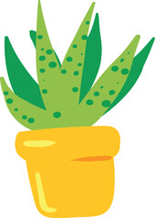Art & Potted plant with green leaves that have dark green spots. The plant is in a yellow pot with a glossy appearance. The leaves are long and pointed.

