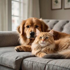 Cat and dog together with a cat sitting on a sofa featuring a cute domestic feline portrait with white fur and tabby patterns