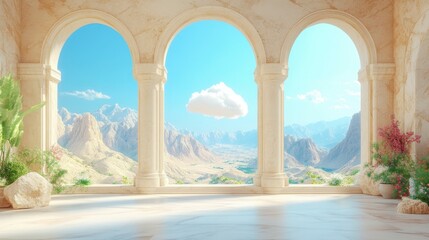Surreal 3D rendering of a white cloud flying through a minimalist arc in the desert, with a bright blue sky creating a peaceful and expansive atmosphere.