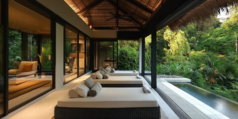Fototapeta premium Indulge in the Oasis of Relaxation and Discover Serenity in a Luxurious Spa Retreat Surrounded by Nature's Calm and Beauty