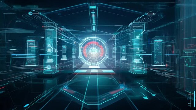 Cinematic video pans across a massive holographic war room where strategic ai systems plot defense scenarios