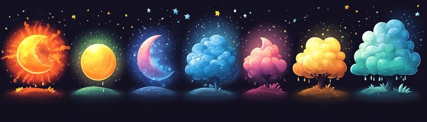 A vibrant and colorful set of weather icons, including sunny, rainy, cloudy, and night sky elements, each representing different weather conditions in a stylized manner