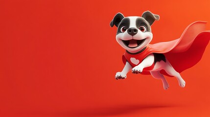 Naklejka premium A cartoon dog wearing a blue superhero suit and red cape flies on a red background.