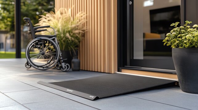 Accessible entrance with wheelchair ramp feature.