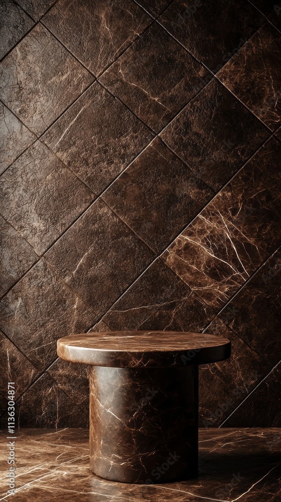 Poster A brown table with a round top is sitting in front of a wall with a pattern. The color of the year Mocha Mousse
