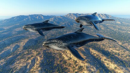 A surreal 3D render of whales flying in the sky above vast mountain ranges, reflecting the internal struggle of isolation and anxiety, creating a powerful emotional narrative.