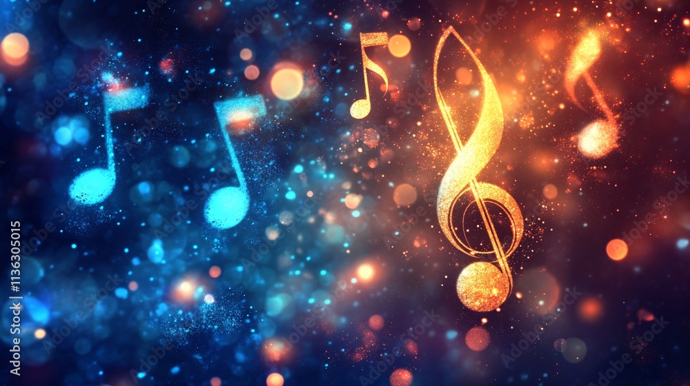Poster golden treble clef and music notes glowing on a sparkling colorful background
