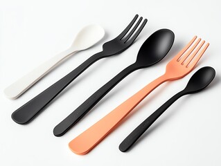 Colorful plastic utensils on a white background.