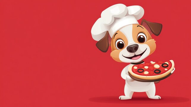 A cartoon dog chef holds a slice of pizza.