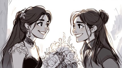 Smiling Women Holding Bouquet, Lesbian Couple