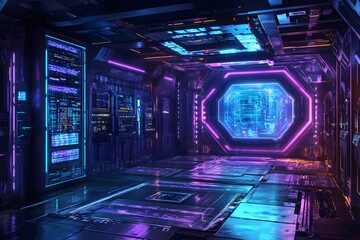 Obraz premium futuristic data center with neon blue glowing server room, sci-fi digital technology, network control, and holographic visualization