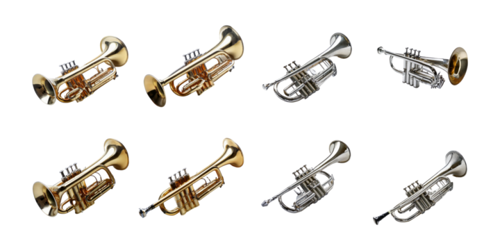 Variety of Brass Instruments on White Background, PNG collection, set bundle, isolate on transparent or white background