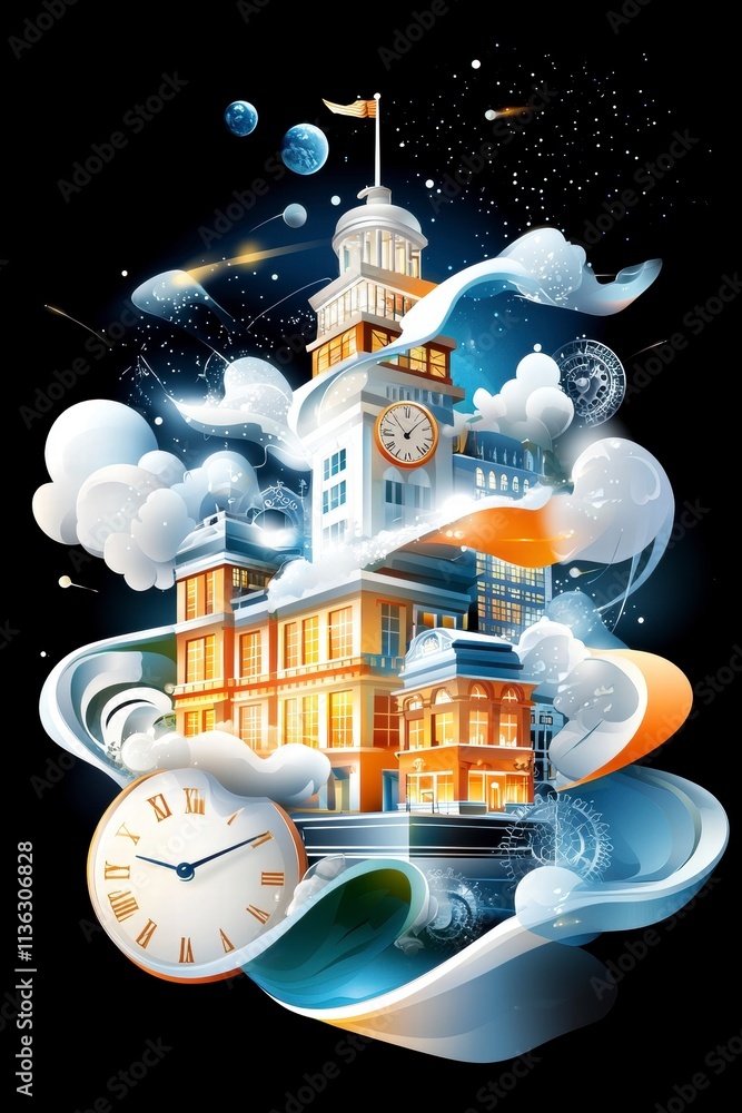 Poster surreal cityscape with clock tower and celestial elements