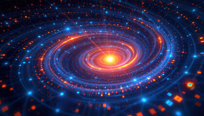 Obraz premium Galaxy of Glowing Code and Neural Network Patterns with Radiant AI Core