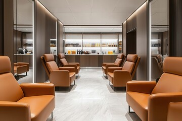 Fototapeta premium Luxury fitness lounge experience upscale urban location interior design showcase modern ambience wide-angle view premium leather seating concept
