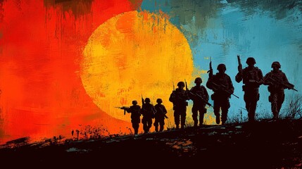 Naklejka premium Silhouetted Soldiers Progressing Towards a Vibrant Sunset with Bold Colors Creating a Dramatic Scene in a Stylized Military Composition