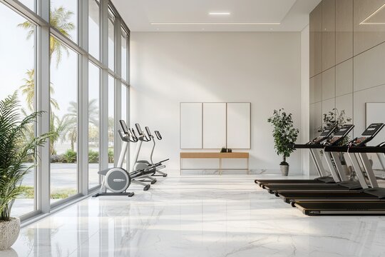 Elevated fitness experience luxury studio with marble flooring and expansive windows modern gym environment serene atmosphere health and wellness concept