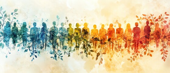 Obraz premium A community of diverse individuals connected through abstract design, soft colors, and leaves, symbolizing collaboration, networking, and social interaction