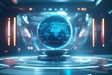 futuristic ai technology hub with glowing neon sphere, holographic digital interface, and advanced sci-fi concept in minimalistic setting