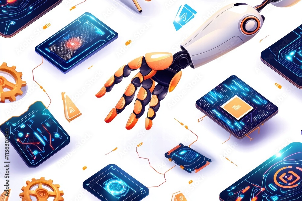 Poster robotic arm interacting with futuristic technology interfaces.