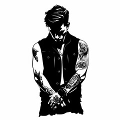 Tattooed man with stylish haircut, posing with arms crossed, exuding confidence