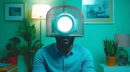 Surreal artwork of a man with an open birdcage over his head. A symbolic representation of freedom, escape, and self-liberation in an abstract and conceptual form.