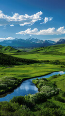Serene Landscape with Rolling Hills, River, and Snow-Capped Mountains Under a Clear Blue Sky