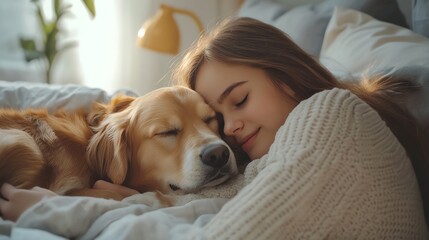 A young woman sleeps in bed with her dog.