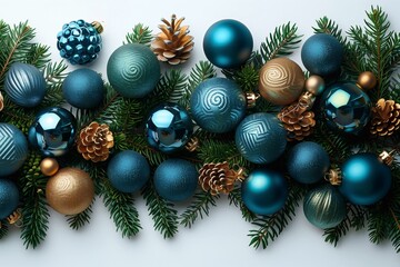Christmas garland of pine branches and blue Christmas tree balls