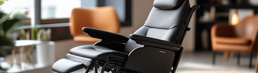 Stylish black massage chair in modern interior.
