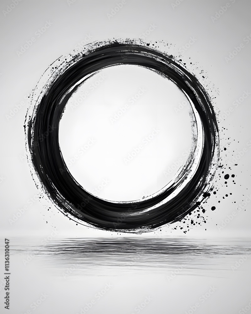 Poster a minimalist black circle with splashes on a light background, symbolizing simplicity and balance.