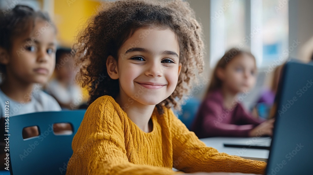 Aufkleber portrait of smiling elementary school student using laptop in classroom