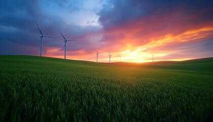 Obraz premium A calm and serene landscape at sunset with wind turbines spinning gently in a green field, set against a backdrop of a vibrant, colorful sky