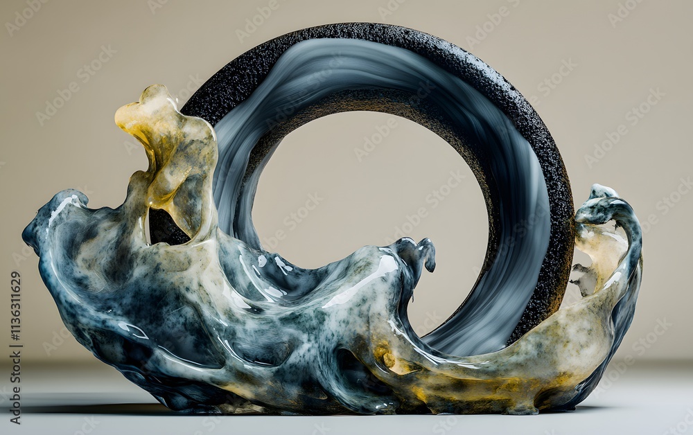 Poster a sculptural piece resembling waves with a circular element, showcasing fluid forms and textures.