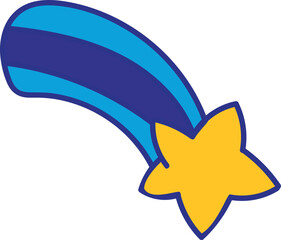 Yellow star with a blue outline and a curved tail in two shades of blue, representing a shooting star.
