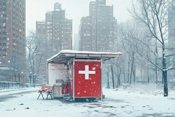 Naklejka premium First aid station supporting homeless individuals during frosty weather