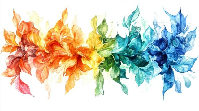 A vibrant Holi powder explosion in rainbow colors, spreading vividly against a white background. Wide panorama captures the dynamic and colorful celebration.