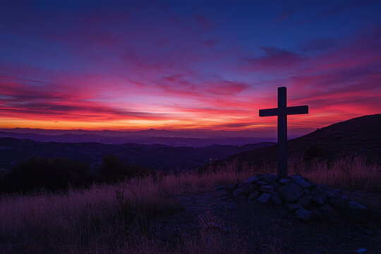 a wooden cross standing on a hill, illuminated by a radiant sunset or sunrise with vibrant hues of red, orange, and purple in the sky.