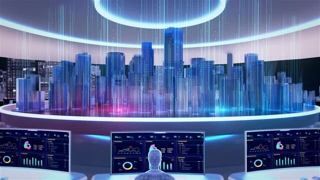 Science and technology big data center, future holographic city architecture. Artificial intelligence smart office, network security information processing center. - Powered by Adobe