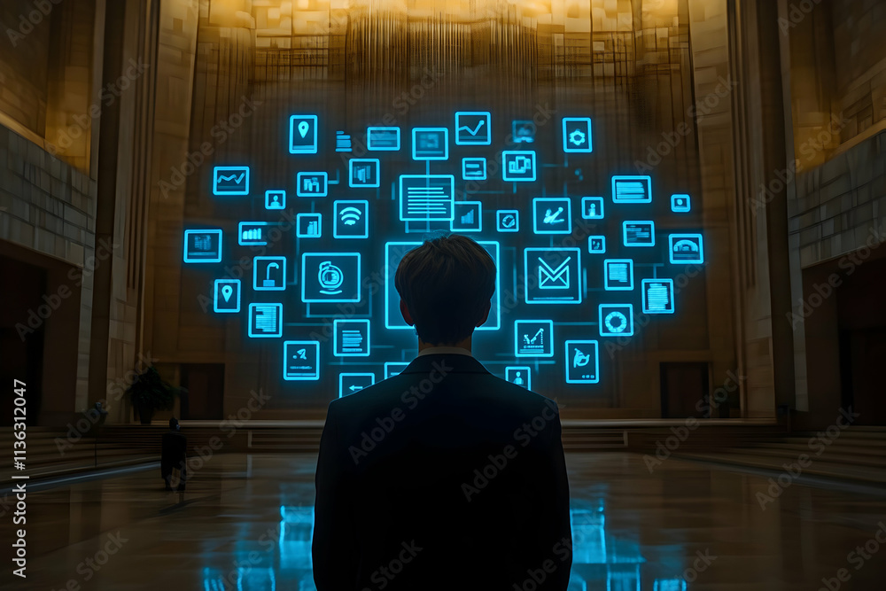 Poster man viewing digital data icons projected on a large wall in a grand hall.