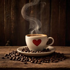 Coffee cup with beans and a saucer
