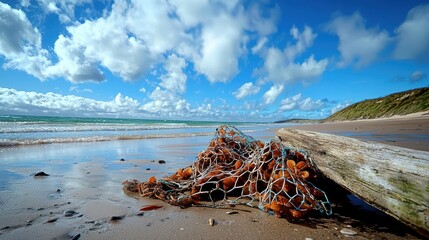 Naklejka premium Coastal Scene with Fishing Net and Driftwood on Sandy Beach Under Clouds